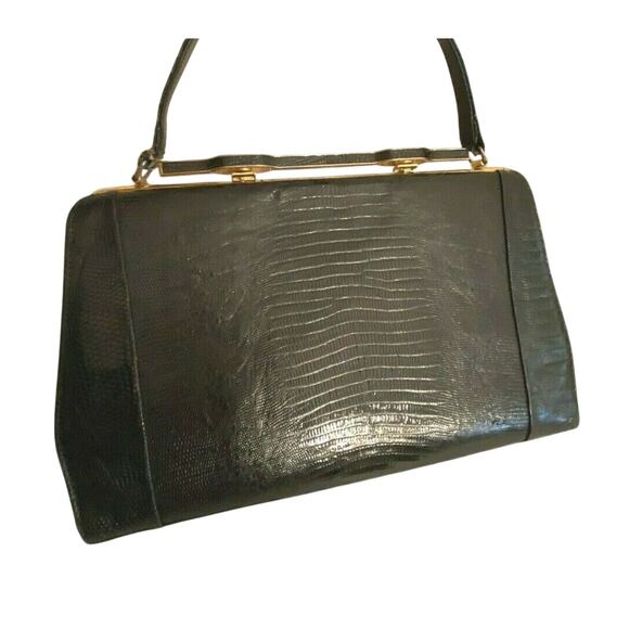 Vintage Mid Century Top Handle Purse Black / Brown Lizard Skin Textured Leather - Picture 2 of 10